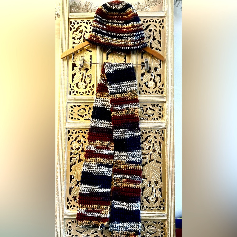 Elegant Blue Burgundy Cream Yellow Crochet Scarf and Hat Set handmade preppy